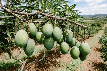 Mango fruit hanging low from tree farmer point of view rural orchard mood warm daylight realistic textures documentary photography style, Realistic Photo