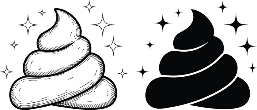 Funny swirl-shaped poop emoji silhouette with sparkling stars, humorous black-and-white vector illustration, perfect for comic designs, novelty artwork, and playful creative projects.