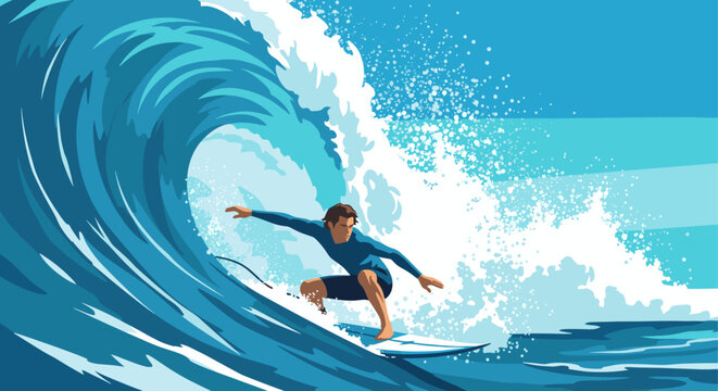 Colorful vector illustration of a surfer riding a large wave. Use for travel, summer, adventure, sports, recreation, ocean, beach, and nature concepts.