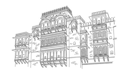Intricate line drawing of traditional indian palace architecture