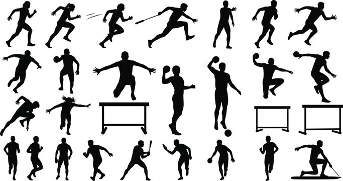 Athlete silhouettes performing sports, running throwing shot put discus, jumping track field events, fitness training artwork, flat vector illustration