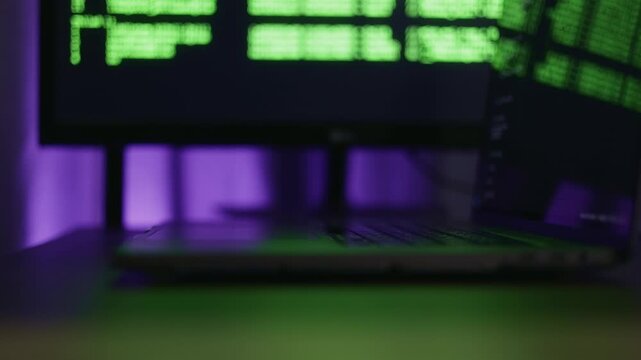 Tech scene mood, Cinematic tech setup ambience, Quiet evening with reflective digital visuals, Serene afterhours technological configuration captured with artistic cinematic low angle imagery