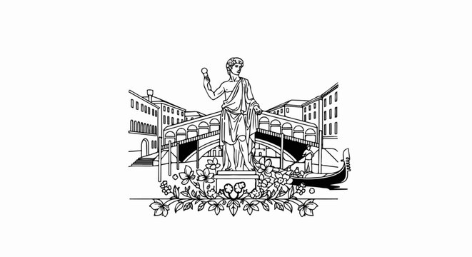 Line art depicts a statue with a bridge, buildings, gondola, and floral elements