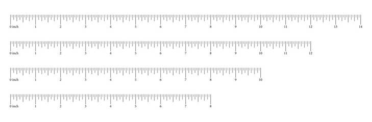 Measuring chart 8, 10, 12, 14 inches set. Ruler scales eight, ten, twelve, fourteen inch. Sewing tool icon. Length measurement math, distance, height templates.