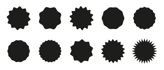Set of Circle stickers. Wavy edge promo badges collection. Star burst shape tags for price. Black blank sale sticker. Vintage labels in round shape. Simple silhouette. Graphic flat illustration.