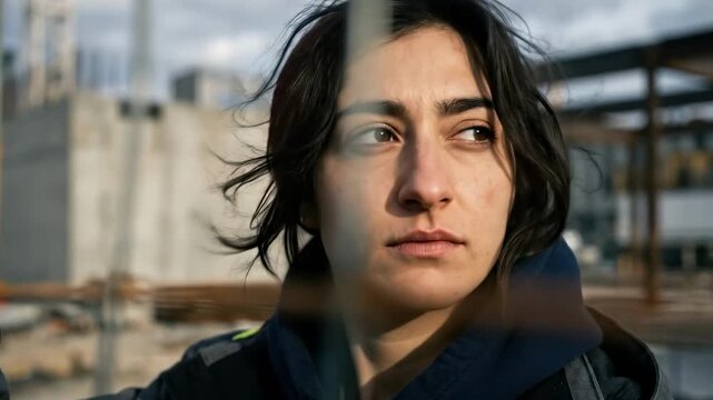 female big nose - A focused construction worker examines metal bars at a building site, showcasing determination and strength against a backdrop of industrial construction elements