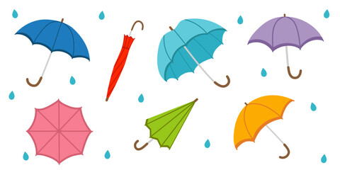Rainy seasonal parasols. Open, closed and folded multicolored umbrellas set. Protecting accessories of different design, type. Autumn, spring season. Flat style.