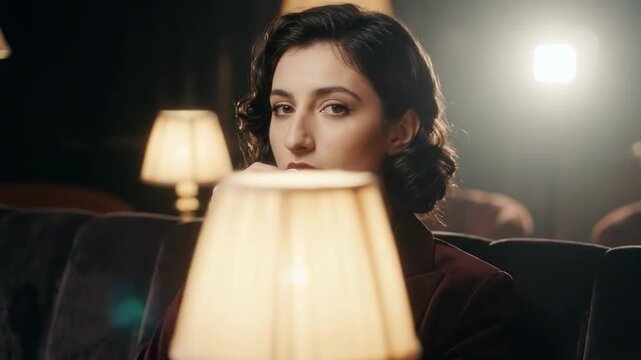 female big nose - A woman with dark, curly hair sits confidently in a dimly lit room, her gaze intense as she holds a small object, surrounded by warm lamps casting soft glows