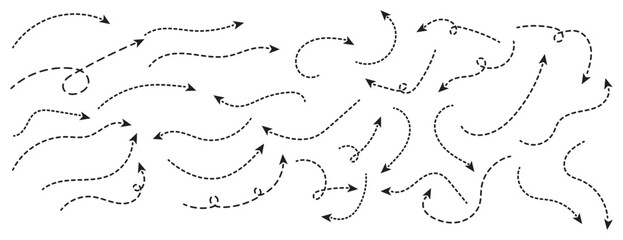 Set of vector curved arrow. Hand drawn curve dotted arrow. Set of black dotted arrows in doodle style