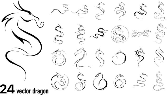 Minimal monochrome one-line dragon icons in clean vector outline style, continuous single line drawings with elegant curves and brush stroke look, Asian dragon silhouettes isolated on white background