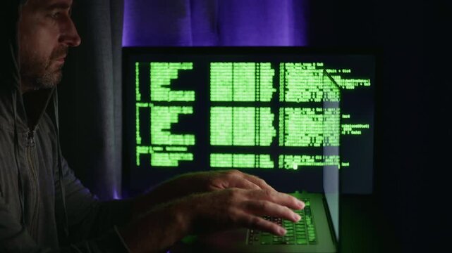 Man observes terminal output attentively, individual investigates display amid dim ambient lighting, professional monitors live data output with focused attention in low illumination