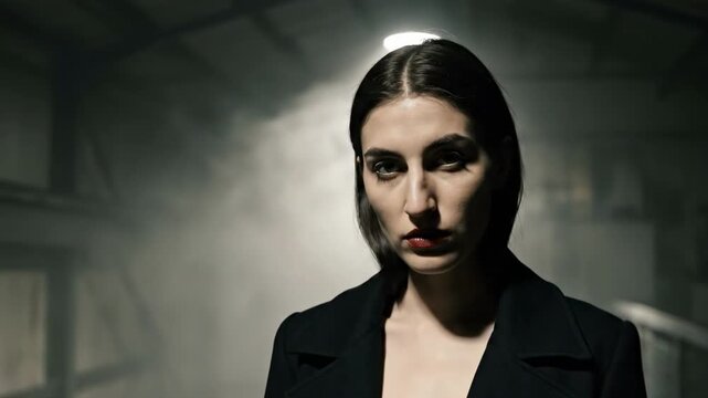 female big nose - A woman stands confidently in a dimly lit industrial space, her striking gaze and bold fashion complemented by a mysterious fog, creating an evocative atmosphere