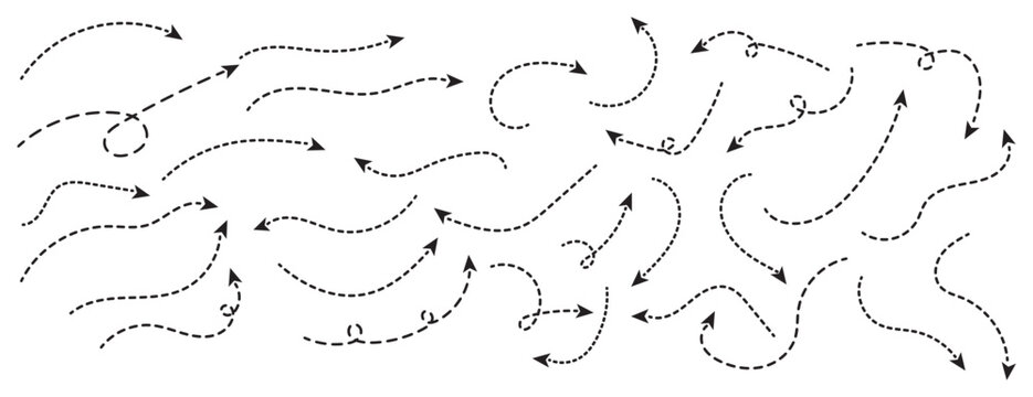 Set of vector curved arrow. Hand drawn curve dotted arrow. Set of black dotted arrows in doodle style