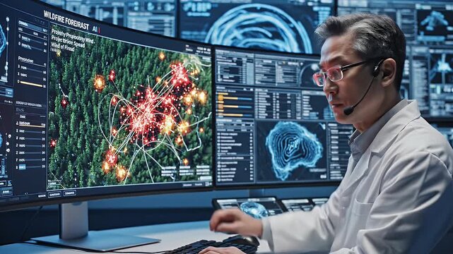 Scientist Using AI for Wildfire Prediction - A scientist in a lab coat analyzes AI models predicting potential wildfire outbreaks on a computer screen.
