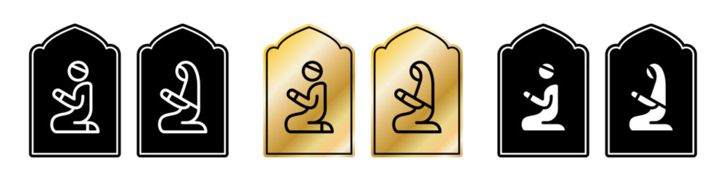 Muslim prayer room icon set in gold and black design. Vector plaque with Islamic praying figure, suitable for mosque interiors and public prayer spaces.