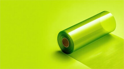Bright green film roll unrolling on glossy surface with highcontrast lighting and vivid reflection, edge curling and smooth laminate texture, industrial packaging sample for production mockup,