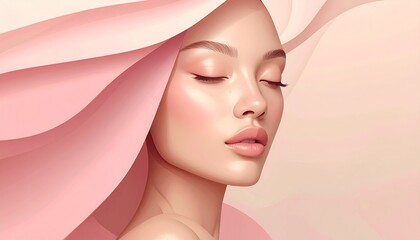 A closeup of a beautiful fashion model with natural skin and pink makeup posing with spring flowers for a glamour skincare concept © Kaniaaaaa