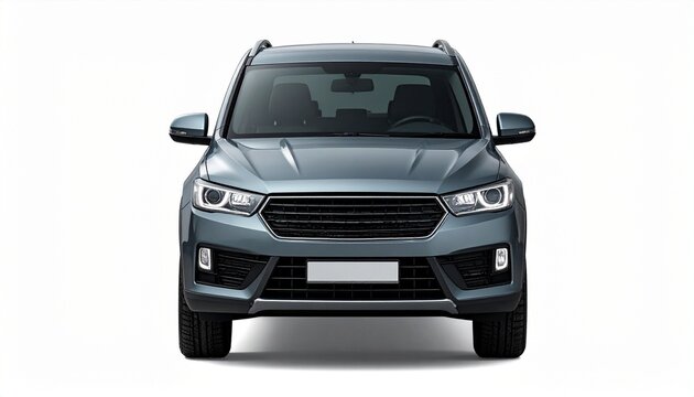 Modern gray SUV front view with sleek design, black grille, angular headlights, aerodynamic styling, compact proportions, and contemporary automotive aesthetics.
