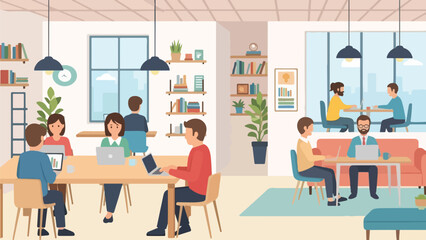 Illustration of a co-working space featuring diverse people and activities © Triono