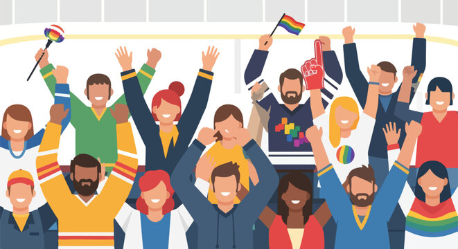 Diverse crowd of excited sports fans cheering loudly at an ice arena, celebrating a victory with pride flags and inclusive spirit.