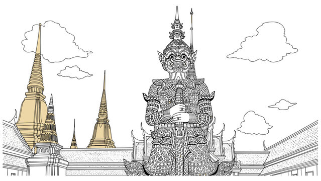 Intricately detailed linear art of thai temple guardian with golden pagodas