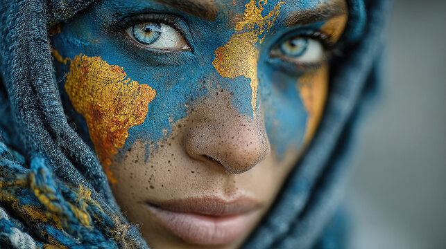 A young African woman's face with the continents and oceans of planet Earth painted on it. Earth Day, April 22. Face painting, makeup. Beautiful black woman with large eyes. Ecology. World
