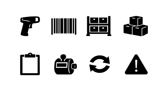 Warehouse inventory icons: barcode scanner, shelves, boxes, clipboard, register, refresh, alert
