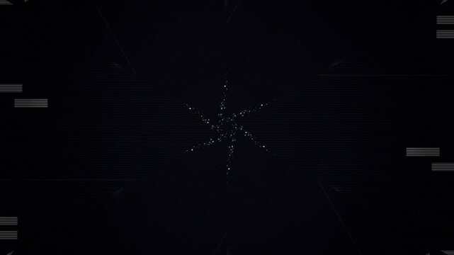 A dark background with scattered white lines and dashes