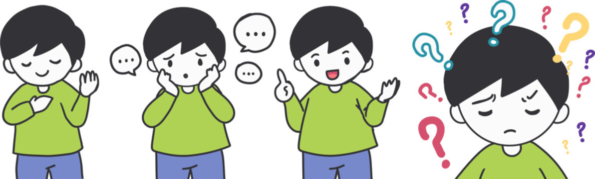 Boy Character with Mixed Emotions Cartoon Vector. This vector captures a wide range of emotions and gestures to help express thoughts, feelings, and moods clearly and effectively