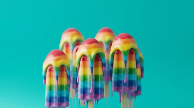 Rainbow Popsicles Melting on a Teal Background.