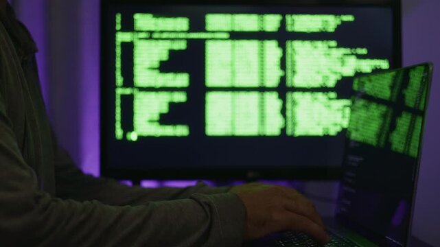 Operator monitoring covert network activity, Silent analyst overseeing secret digital operations at night, Private technician conducting discreet network analysis with violet illuminated equipment
