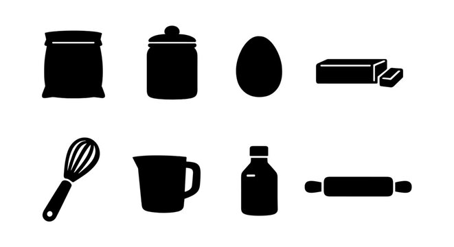 Silhouettes of baking ingredients and tools: flour, sugar, egg, butter, whisk, measuring cup, vanilla, rolling pin