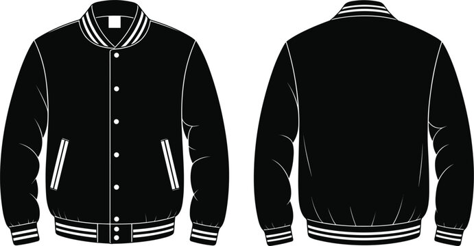 Black and white front and back view of a varsity jacket with striped collar and cuffs bomber baseball
