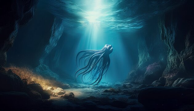 deep sea mysticism reveals a mysterious creature and light in a dark underwater cave