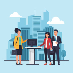 Obraz premium Group of business people near a computer with a cityscape backdrop