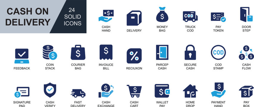Cash on delivery vector icon set with payment, parcel, courier, wallet, receipt, secure cash, and order symbols. Perfect for apps, e-commerce, finance, and logistics.