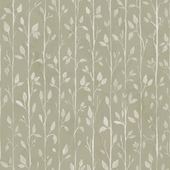 Seamless pattern of delicate, white branches leaves on a muted green background. Watercolour hand drawn pattern
