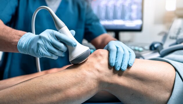 medical ultrasound therapy session on knee for pain relief and rehabilitation