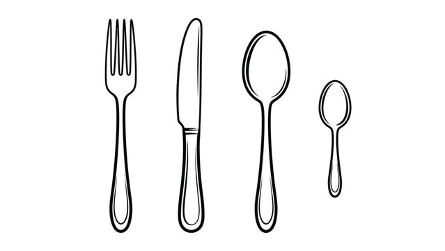 A set of four utensils, including a fork, knife, tablespoon, and teaspoon, are shown.