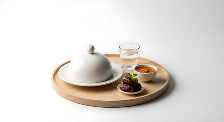 Obraz premium A minimalist iftar meal tray with covered dome lid, clean white backdrop