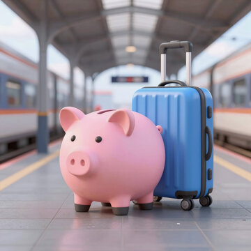3d Illustration, "Pink piggy bank and blue suitcase on train station platform: Travel budget planning spot