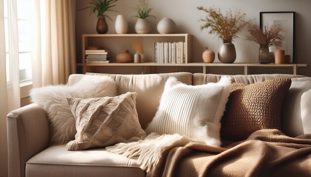 cozy living room decor with throw pillows and blanket