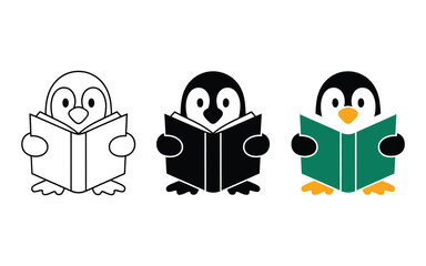 Obraz premium Three cartoon penguins are shown reading books in different styles.