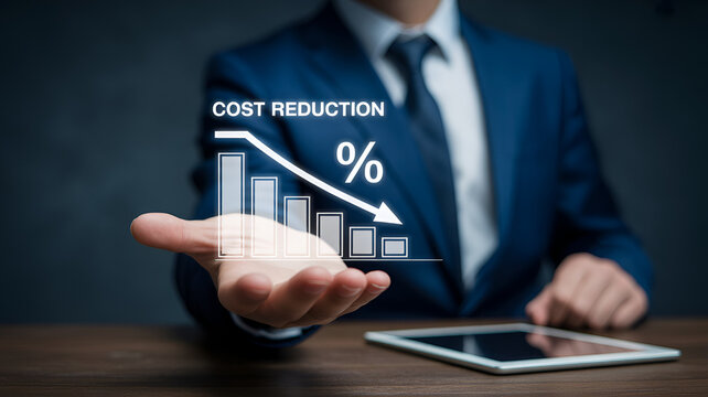 Businessman presenting cost reduction graph on hand with tablet symbolizing financial savings and strategy in a professional setting with a dark background