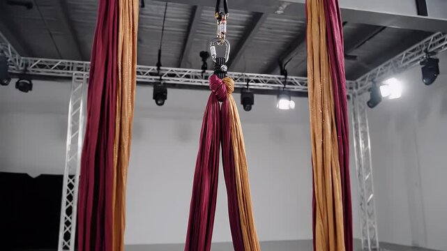 Aerial Silks Rigging with Vibrant Fabric - This medium shot showcases an aerial silks rigging setup, featuring vibrant burgundy and gold fabric gracefully draped from secure anchor points.