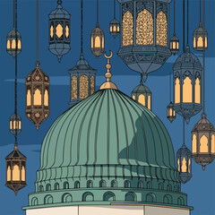 Illustration of a dome with lanterns hanging against a blue sky © Triono