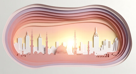 Obraz premium A layered paper cut art illustration depicting a city skyline against a warm sunset or sunrise background