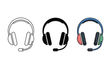 Obraz premium Three different styles of headphones with microphones are displayed side by side.