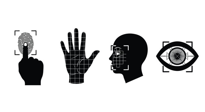 Biometric identification methods including fingerprint, palm, face, and eye scanning are shown.