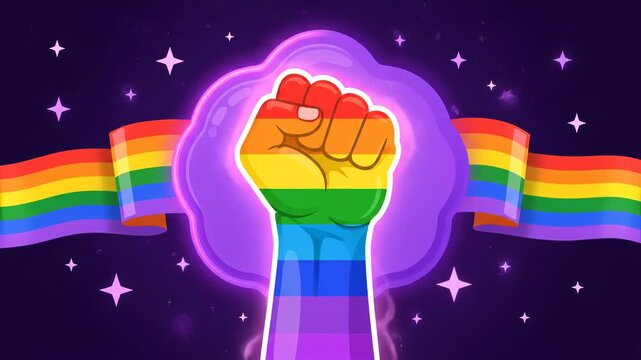 Rainbow Pride Fist Cartoon Neon Glow with Twinkling Stars and Waving Ribbon Loop Animation